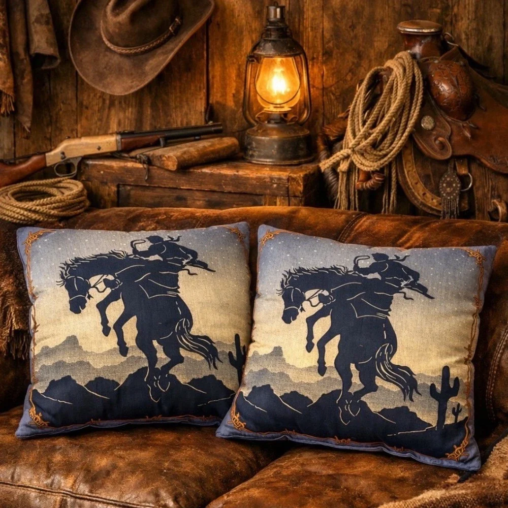 Vintage Western Cowboy Bucking Bronco Throw Pillows Blue Desert Silhouette Set‎